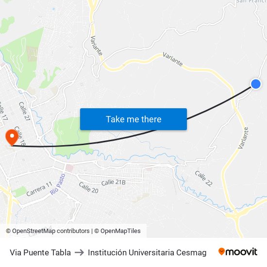 Via Puente Tabla to Institución Universitaria Cesmag map