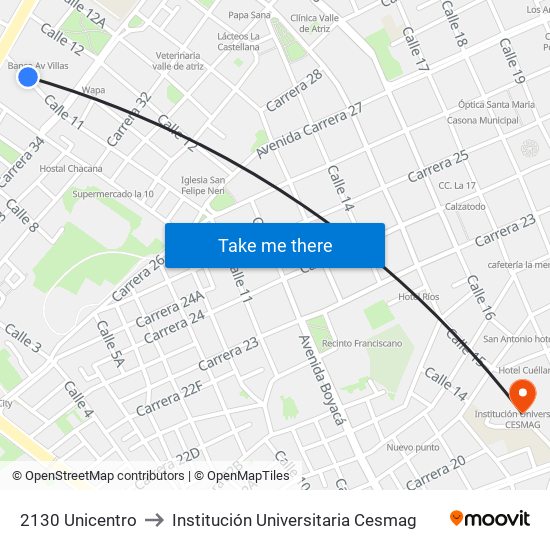 2130 Unicentro to Institución Universitaria Cesmag map