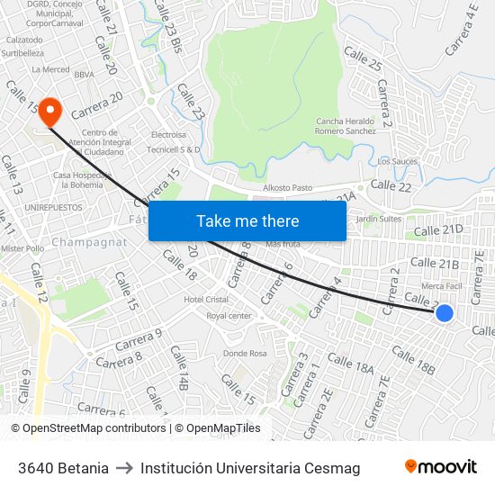 3640 Betania to Institución Universitaria Cesmag map