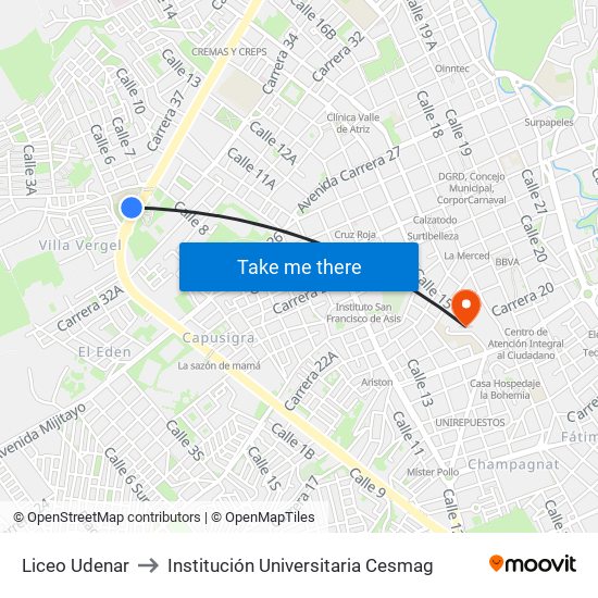 Liceo Udenar to Institución Universitaria Cesmag map