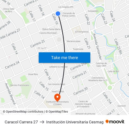 Caracol Carrera 27 to Institución Universitaria Cesmag map