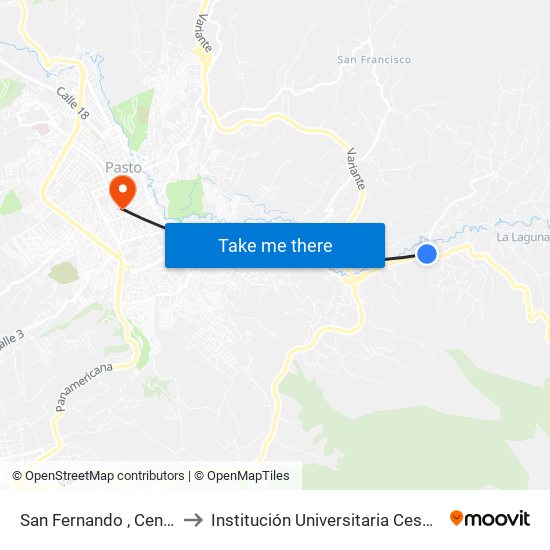 San Fernando , Centro to Institución Universitaria Cesmag map