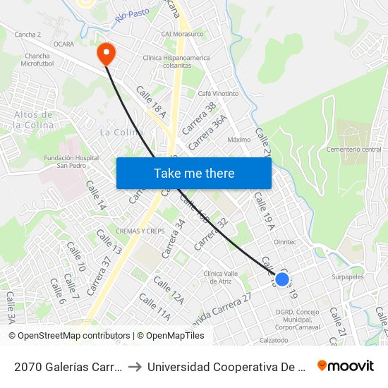 2070 Galerías Carrera 27 to Universidad Cooperativa De Colombia map