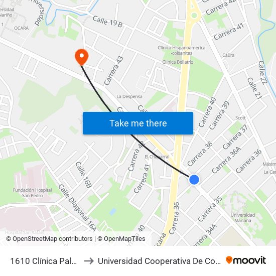 1610 Clínica Palermo to Universidad Cooperativa De Colombia map