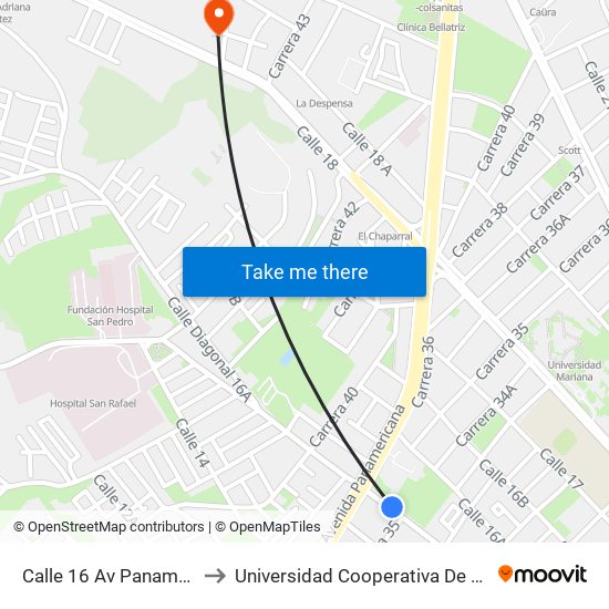 Calle 16 Av Panamericana to Universidad Cooperativa De Colombia map