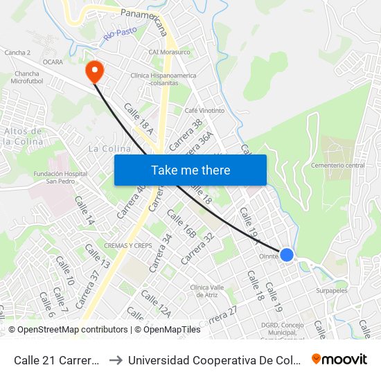 Calle 21 Carrera 29 to Universidad Cooperativa De Colombia map