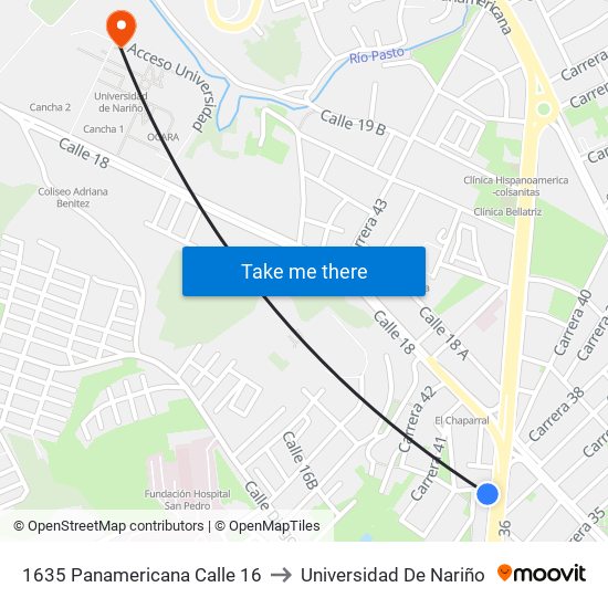 1635 Panamericana Calle 16 to Universidad De Nariño map