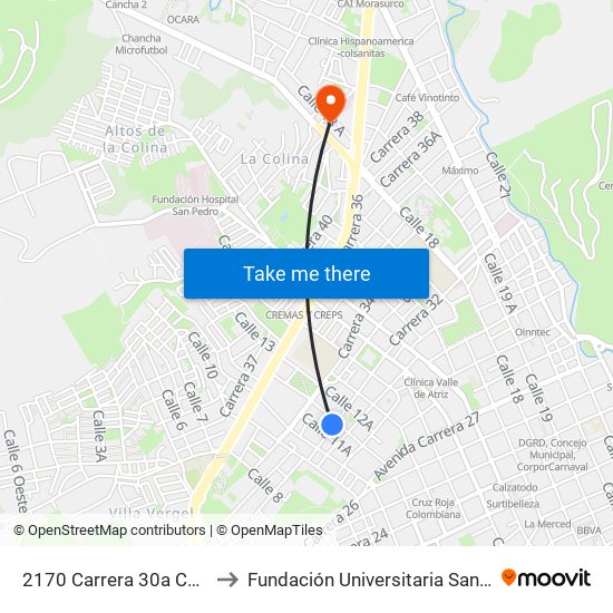 2170 Carrera 30a Calle 12 to Fundación Universitaria San Martín map