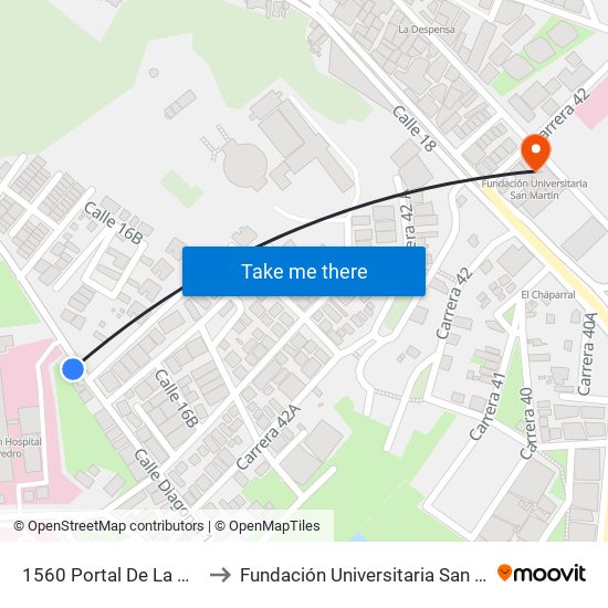 1560 Portal De La Colina to Fundación Universitaria San Martín map