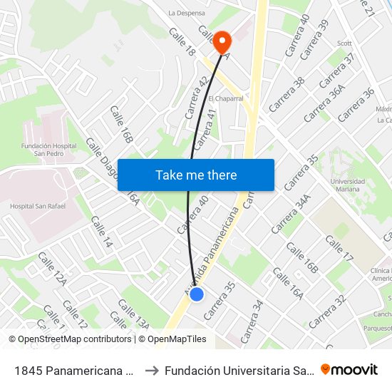 1845 Panamericana Calle 14 to Fundación Universitaria San Martín map