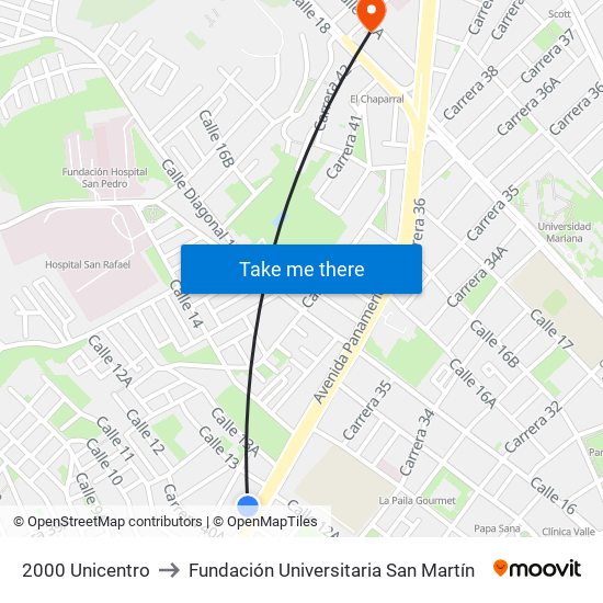 2000 Unicentro to Fundación Universitaria San Martín map