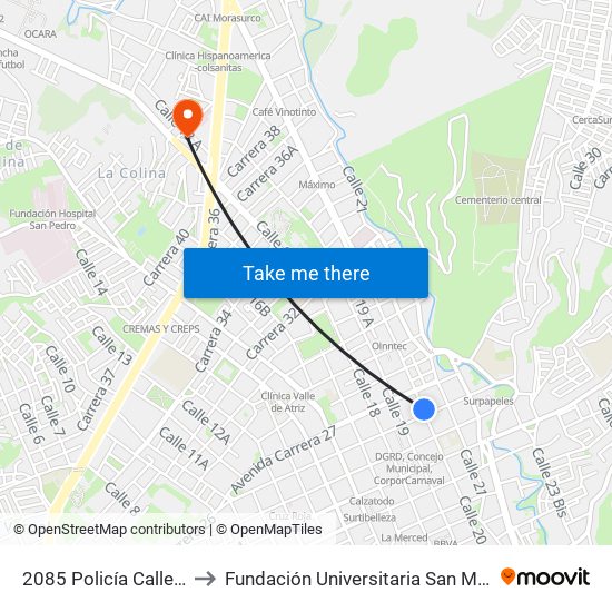 2085 Policía Calle 20 to Fundación Universitaria San Martín map