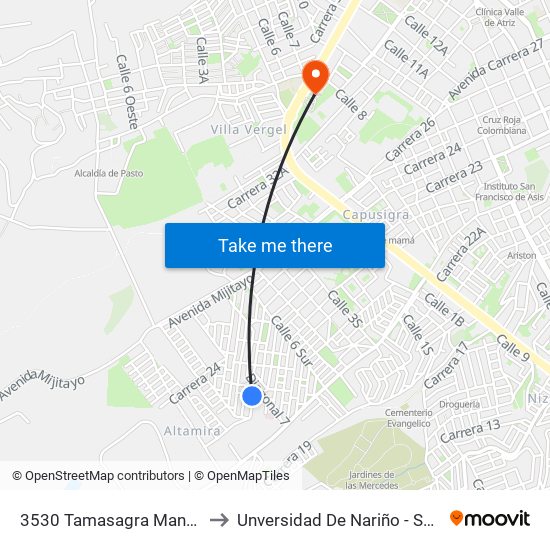 3530 Tamasagra Manzana 27 to Unversidad De Nariño - Sede Vipri map