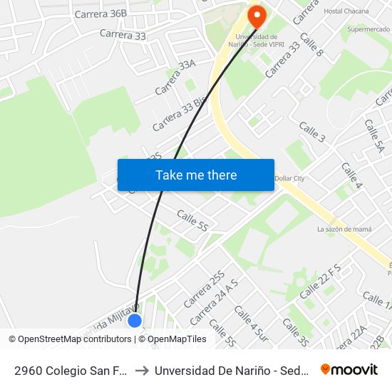 2960 Colegio San Felipe to Unversidad De Nariño - Sede Vipri map