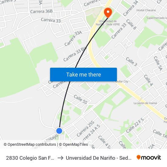2830 Colegio San Felipe to Unversidad De Nariño - Sede Vipri map