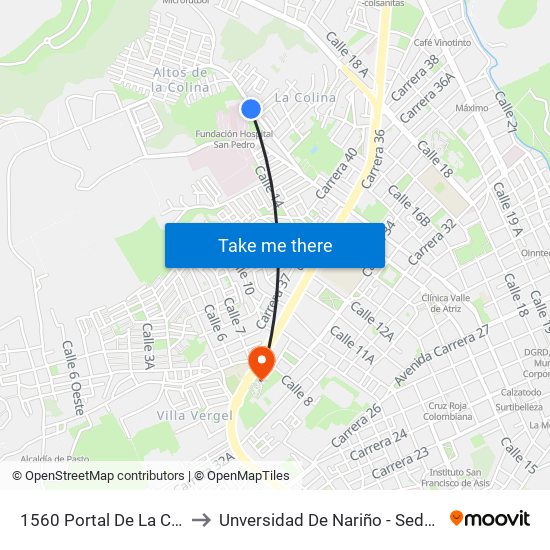 1560 Portal De La Colina to Unversidad De Nariño - Sede Vipri map