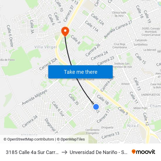 3185 Calle 4a Sur Carrera 22a to Unversidad De Nariño - Sede Vipri map