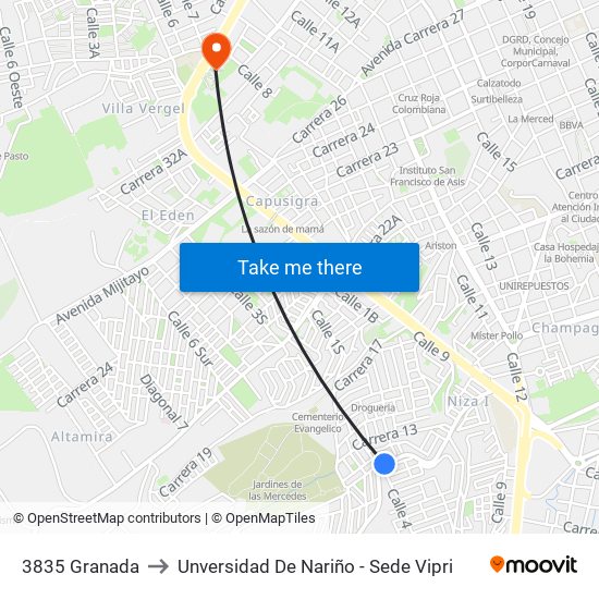 3835 Granada to Unversidad De Nariño - Sede Vipri map