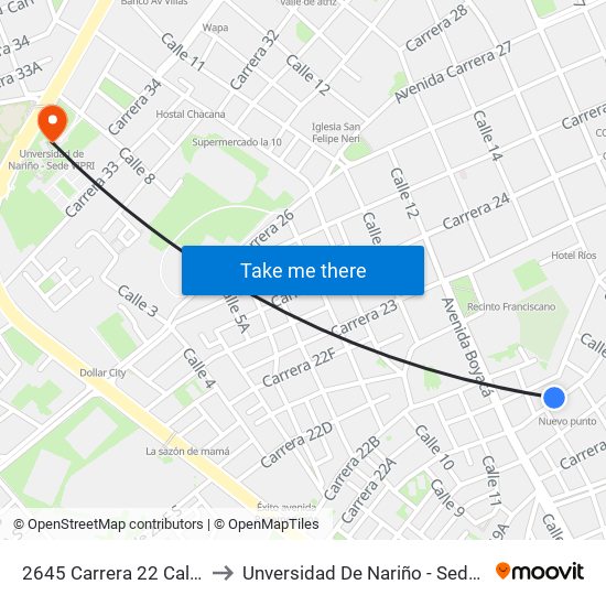 2645 Carrera 22 Calle 13 to Unversidad De Nariño - Sede Vipri map