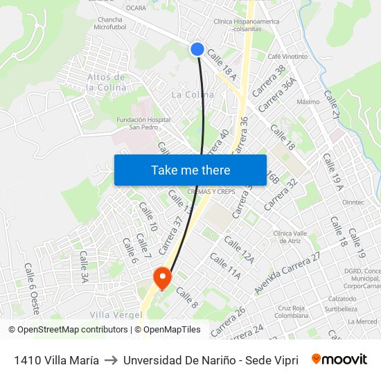 1410 Villa María to Unversidad De Nariño - Sede Vipri map