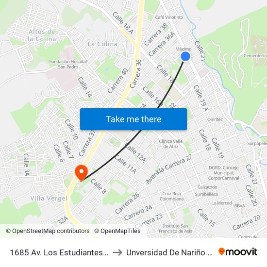 1685 Av. Los Estudiantes Carrera 32b to Unversidad De Nariño - Sede Vipri map