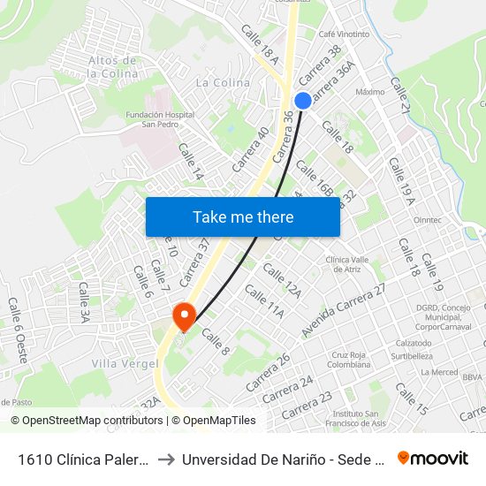 1610 Clínica Palermo to Unversidad De Nariño - Sede Vipri map