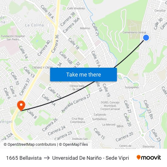 1665 Bellavista to Unversidad De Nariño - Sede Vipri map