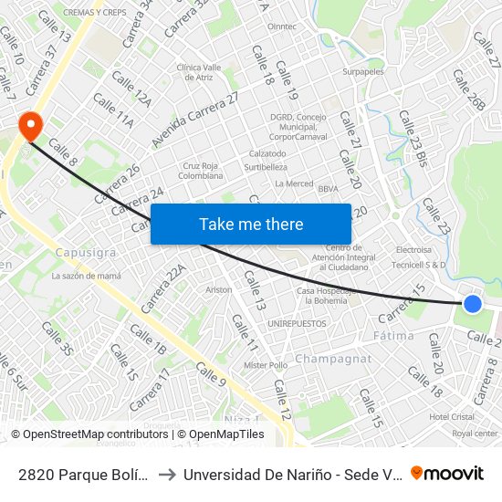 2820 Parque Bolívar to Unversidad De Nariño - Sede Vipri map