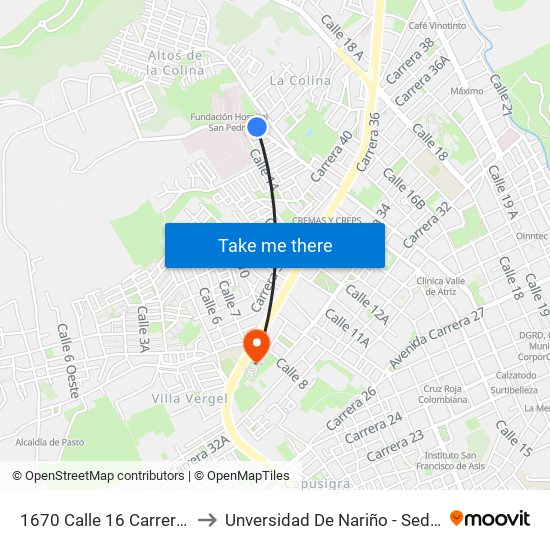 1670 Calle 16 Carrera 42d to Unversidad De Nariño - Sede Vipri map