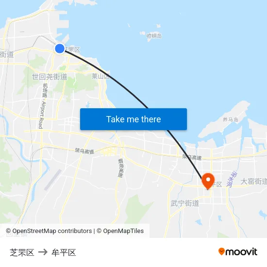 芝罘区 to 牟平区 map