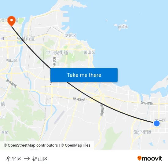 牟平区 to 福山区 map