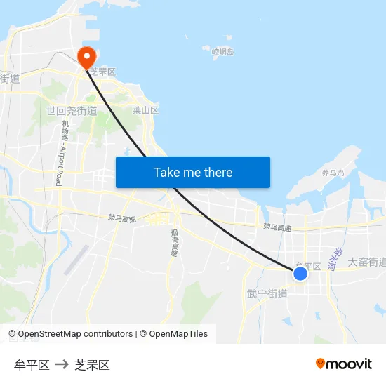 牟平区 to 芝罘区 map