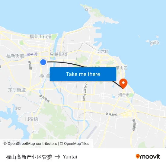 Fushan High-Tech Industrial Zone Administration to Yantai map