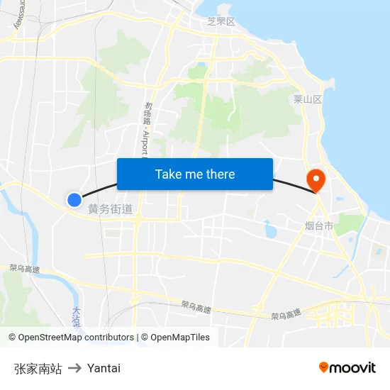 Zhangjia South Station to Yantai map
