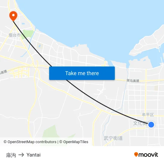 庙沟 to Yantai map
