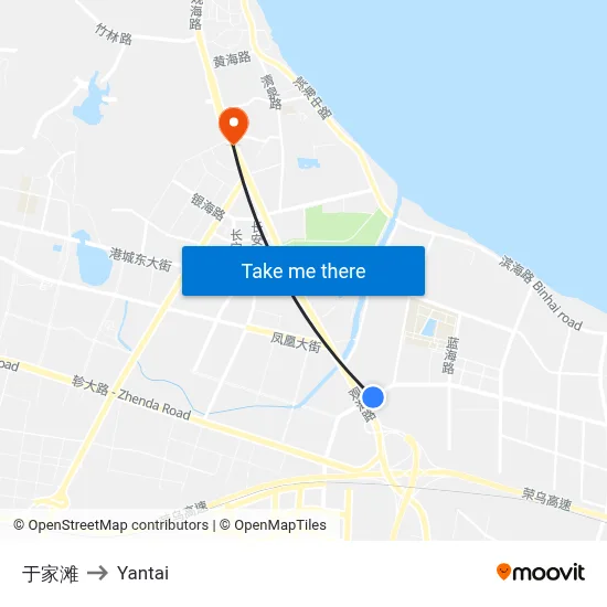Yujia Beach to Yantai map