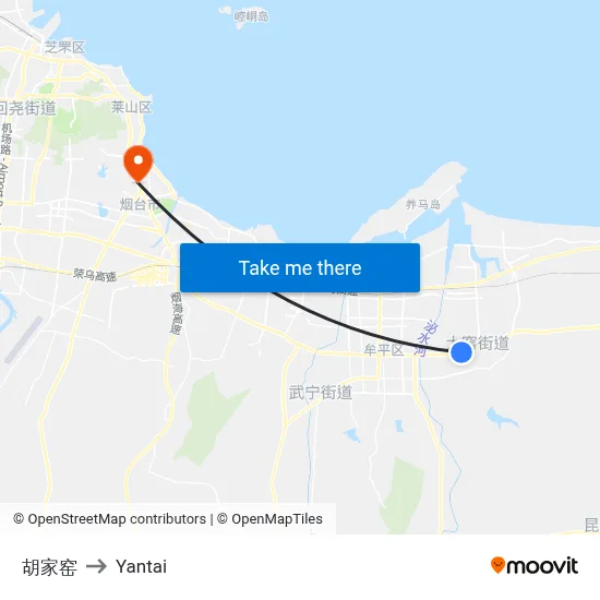Hu Family Kiln to Yantai map