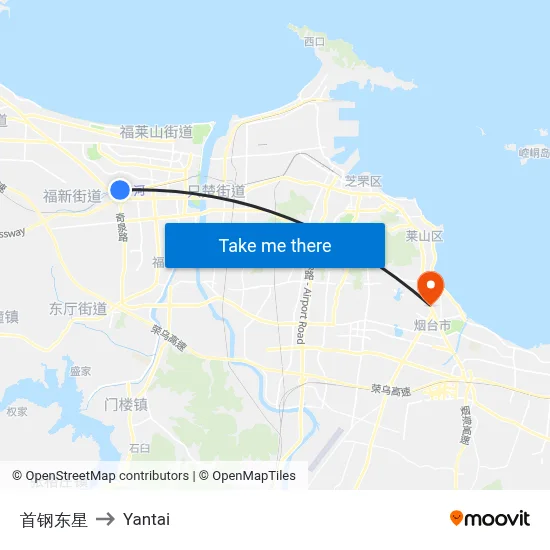 Shougang Dongxing to Yantai map