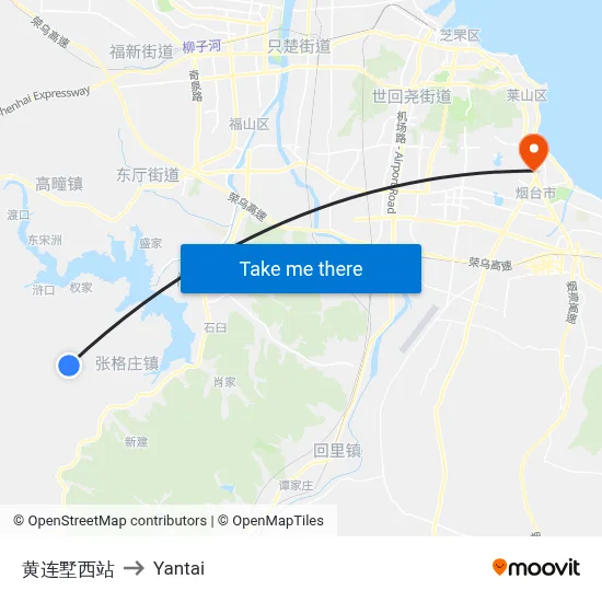 Huanglianshu West Station to Yantai map