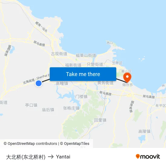 Dabei Bridge (Dongbei Bridge Village) to Yantai map