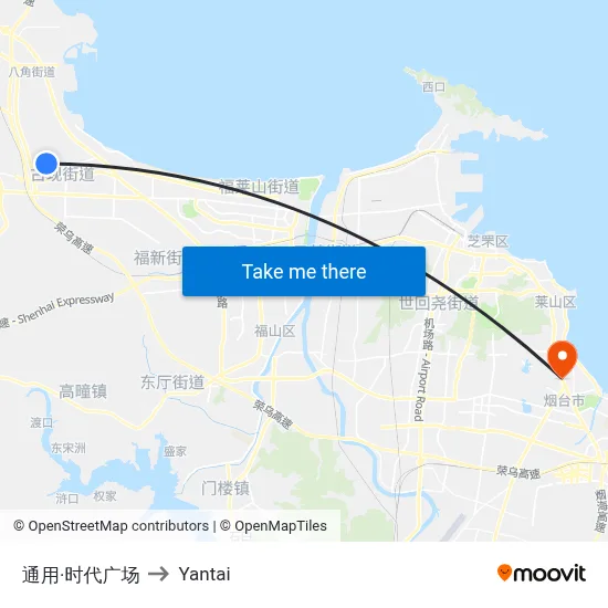 Universal Times Square to Yantai map