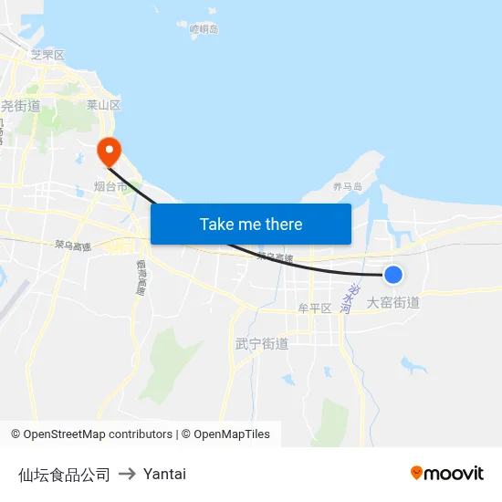 Xiantan Food Company to Yantai map