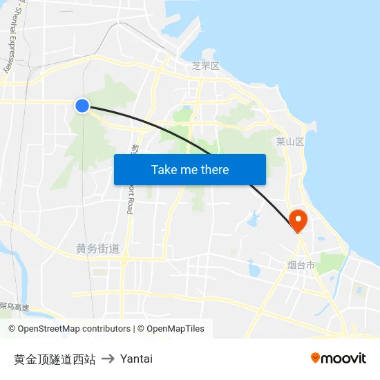 黄金顶隧道西站 to Yantai map