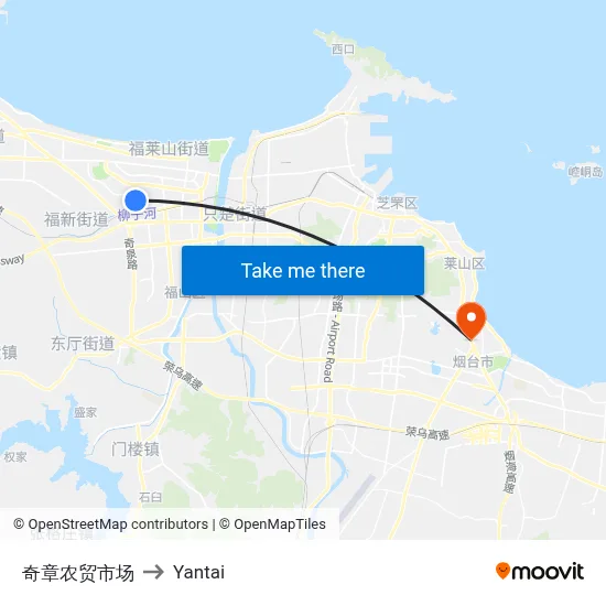 Qizhang Farmers Market to Yantai map