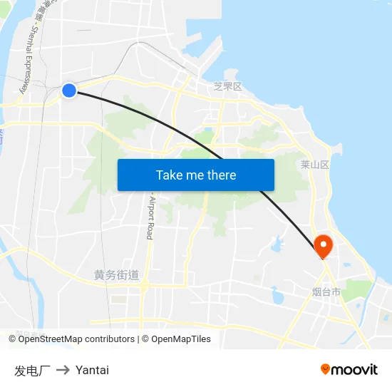 发电厂 to Yantai map