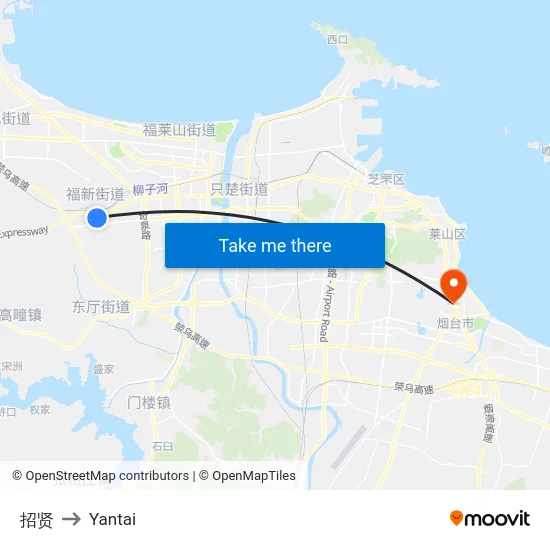 招贤 to Yantai map