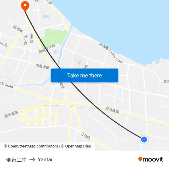 Yantai No. 2 Middle School to Yantai map