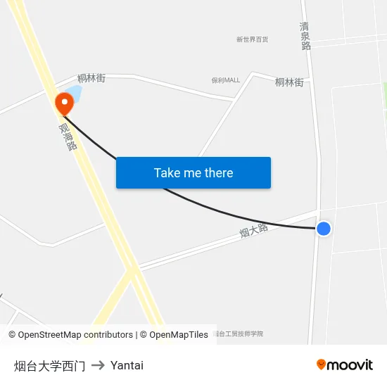 Yantai University West Gate to Yantai map