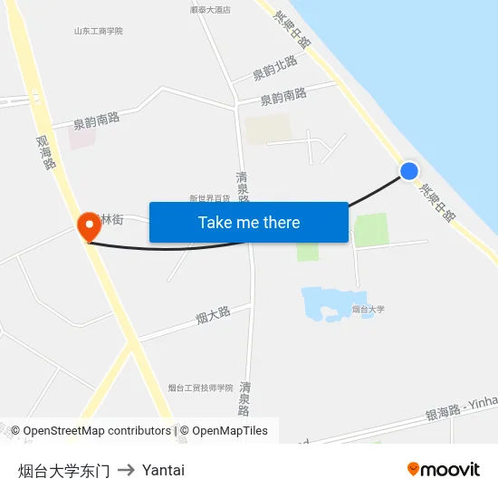 Yantai University East Gate to Yantai map
