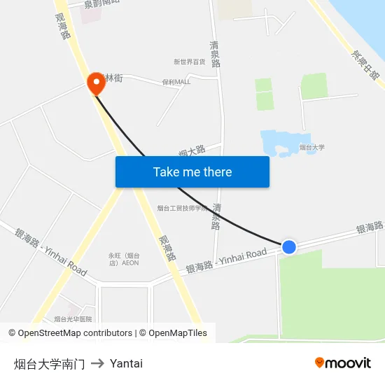 Yantai University South Gate to Yantai map
